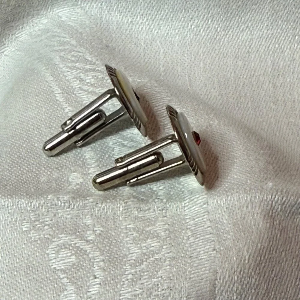 Vintage Silver-Tone Cuff Links Round White Lucite Red Rhinestone